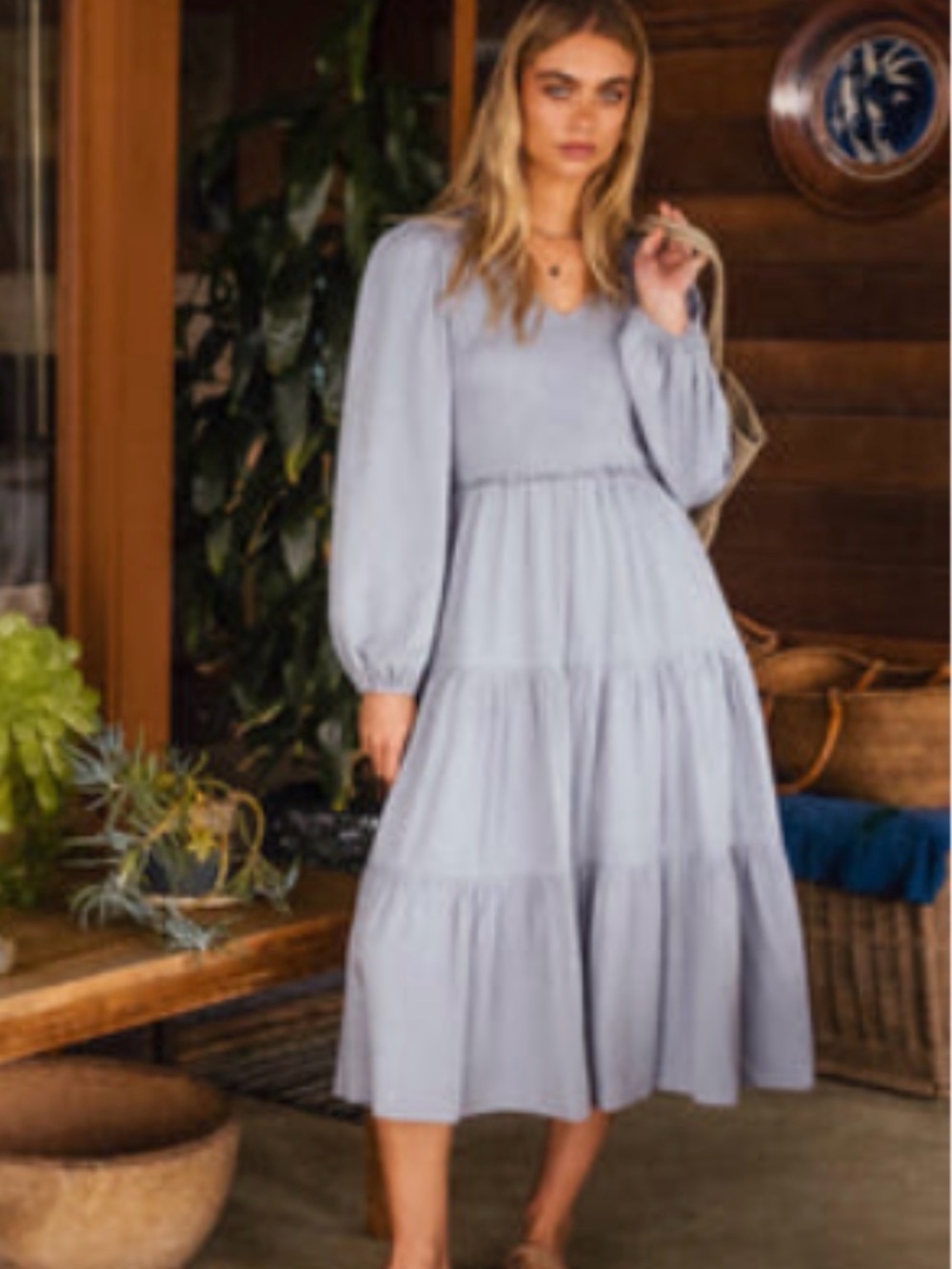 Bohme Smocked Tiered Midi Dress in Blue Small